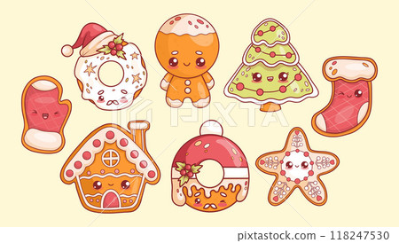 Christmas gingerbread set. Cute man, house, Xmas boot and mitten, tree, star and Santa donut with drops of glaze. Isolated traditional holiday sweet kawaii cartoon characters. Vector illustration. Christmas gingerbread set. Cute man, house, Xmas boot and mitten, tree, star and Santa donut with drops of glaze. Isolated traditional holiday sweet kawaii cartoon characters. Vector illustration. 118247530