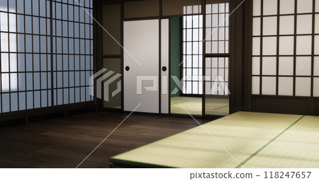 Standard Empty room japan and tatami mat floor. 3D rendering Standard Empty room japan and tatami mat floor. 3D rendering 118247657