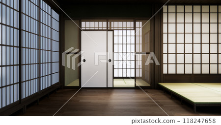 Standard Empty room japan and tatami mat floor. 3D rendering Standard Empty room japan and tatami mat floor. 3D rendering 118247658