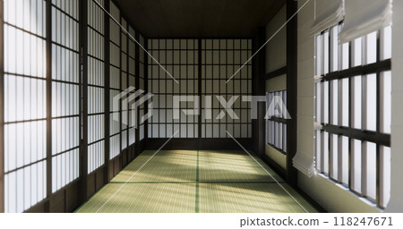 Standard Empty room japan and tatami mat floor. 3D rendering Standard Empty room japan and tatami mat floor. 3D rendering 118247671