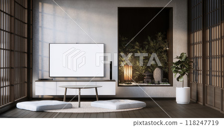 Mock up Cabinet wooden japanese design on living room empty .3D rendering 118247719
