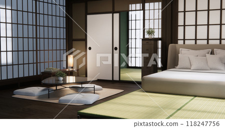 Modern Bedroom design with decoration at room modern japan style.3D rendering Modern Bedroom design with decoration at room modern japan style.3D rendering 118247756