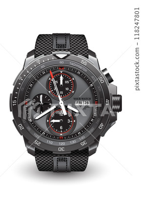 Realistic watch clock black steel face white arrow number with fabric strap on isolated design classic luxury vector 118247801