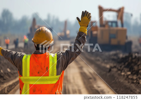 Construction Worker Guiding Traffic on a Roadwork Site 118247855