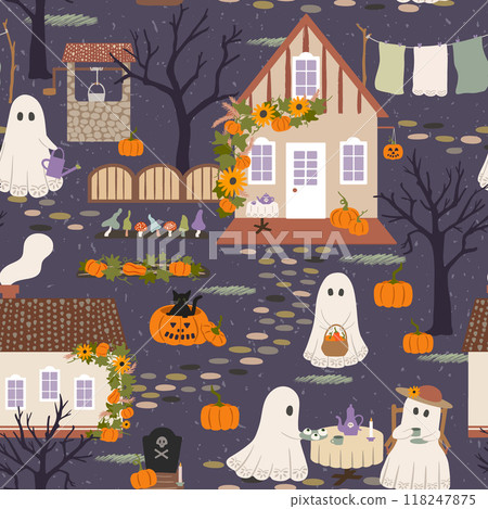 Cute Halloween vector seamless pattern. Hand drawn countryside ghosts, autumn houses, pumpkins, spooky trees, toadstool mushrooms on purple background. Spooky night celebration scene repeat design 118247875