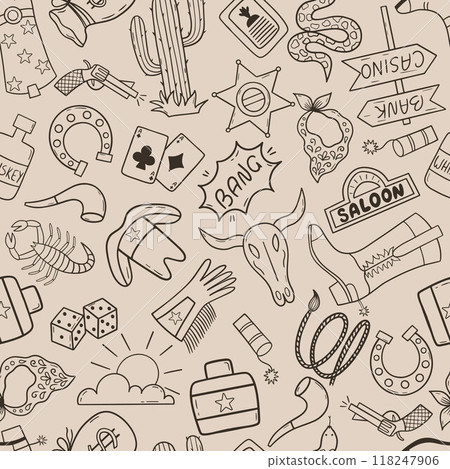Wild West seamless pattern with cactus, cowboy hat, cow skull, game cards, scorpio and etc. Wild West seamless pattern with cactus, cowboy hat, cow skull, game cards, scorpio and etc. 118247906