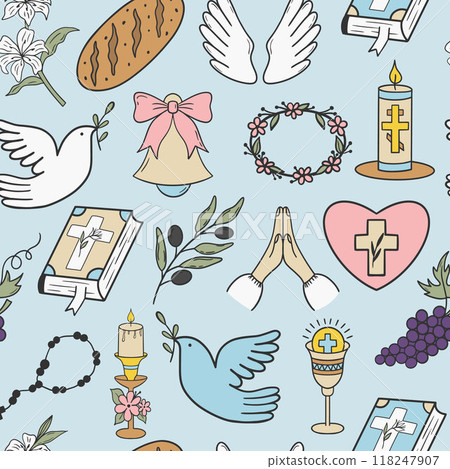 Seamless First Communion pattern with religious symbols. Perfect for backgrounds, packaging, or fabric designs related to spiritual occasions. Seamless First Communion pattern with religious symbols. Perfect for backgrounds, packaging, or fabric designs related to spiritual occasions. 118247907