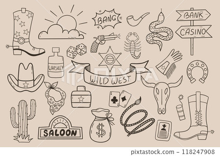 Wild West illustration set with cactus, cowboy hat, cow skull, game cards, scorpio and etc. Wild West illustration set with cactus, cowboy hat, cow skull, game cards, scorpio and etc. 118247908