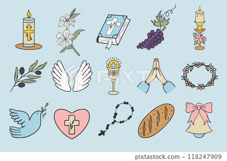 Greeting card with a blue heart filled with First Communion icons like a chalice, cross, and candle. Perfect for invitations, celebrations, or religious events. Greeting card with a blue heart filled with First Communion icons like a chalice, cross, and candle. Perfect for invitations, celebrations, or religious events. 118247909