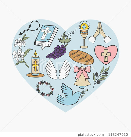 Greeting card featuring a blue heart with First Communion icons inside. The heart design includes religious symbols such as a chalice, cross, candle, and more, arranged harmoniously. 118247910