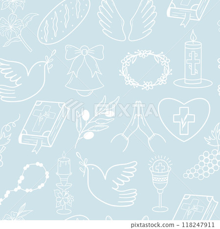 Seamless First Communion pattern with religious symbols. Perfect for backgrounds, packaging, or fabric designs related to spiritual occasions. 118247911