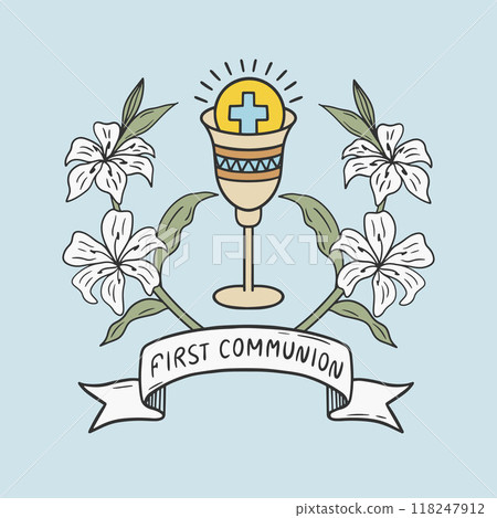 Illustration of a chalice and a lily flower for First Communion on a light blue background. A ribbon with the text "First Communion" elegantly wraps around the chalice, making this design ideal for 118247912