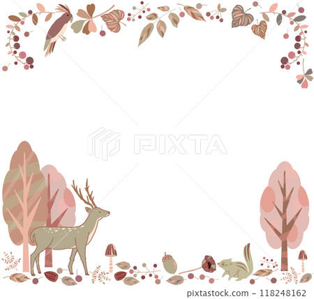 Autumn frame with deer, squirrel and parrot. Background material of animals and autumn plants. 118248162