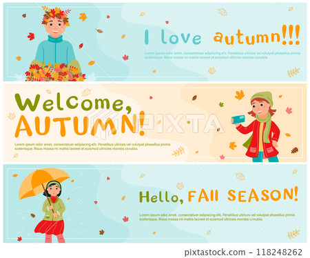 A set of banners. A group of children walking outside in autumn. Girls and boys are playing with falling leaves. Leaf fall. The autumn season. Hello, fall season! Vector illustration in a flat style. A set of banners. A group of children walking outside in autumn. Girls and boys are playing with falling leaves. Leaf fall. The autumn season. Hello, fall season! Vector illustration in a flat style. 118248262