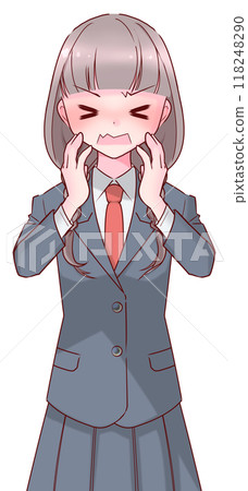A high school girl in a uniform panics and puts her hand on her cheek 118248290