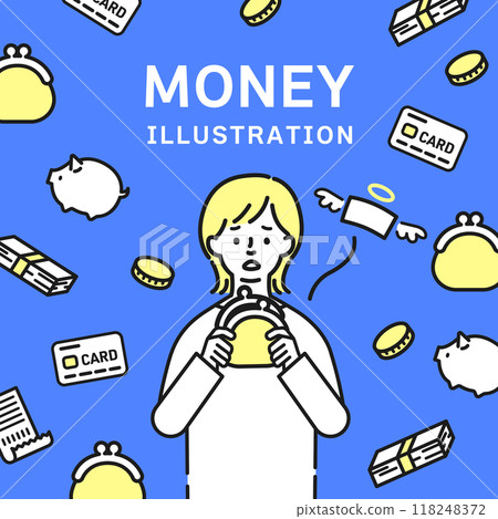 A woman in trouble with a purse and a set of money icons A woman in trouble with a purse and a set of money icons 118248372