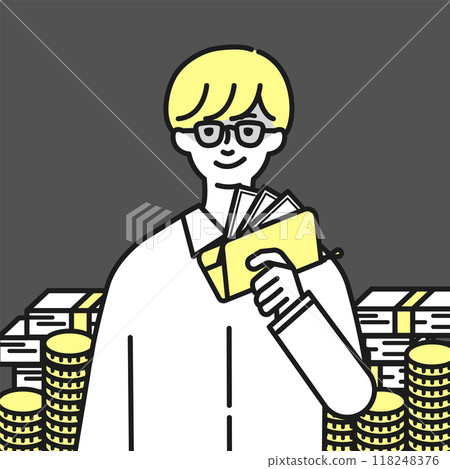 A man holding a wallet and plotting something 118248376