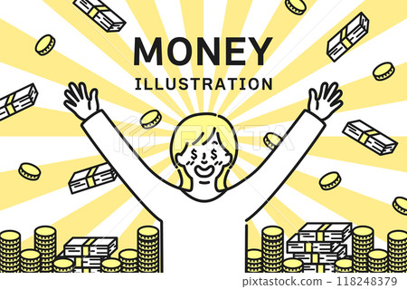 Illustration of a woman with lots of money and $ eyes 118248379