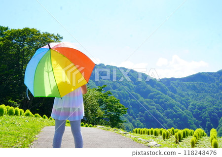 一個女孩在陽光明媚的夏日高原上撐著彩色遮陽傘的後視圖。 一個女孩在陽光明媚的夏日高原上撐著彩色遮陽傘的後視圖。 118248476