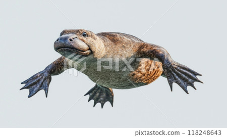 charming platypus glides through the water, its webbed feet fully extended, highlighting its remarkable swimming skills and unique physiology in a minimalist setting. 118248643