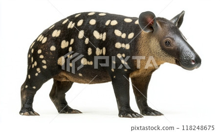 remarkable Malayan tapir stands proudly, displaying its distinctive black and white pattern in a serene moment. Its unique features and stance capture the essence of this fascinating species. 118248675