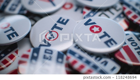 Close up of patriotic badges with American flag logo 118248694
