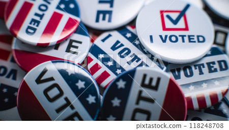 Close up of patriotic badges with American flag logo and inscription Vote 118248708