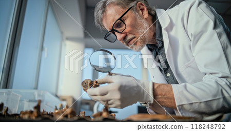 Mature scientist works with specimen collection of fossil remains 118248792