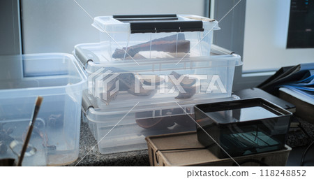 Close up of specimen collection of fossils lying in boxes in archaeological lab 118248852