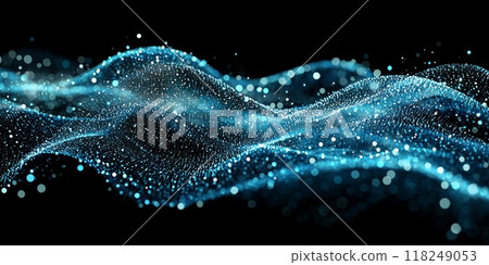 Turquoise particles cluster together, forming a mesmerizing wave that glows softly against a dark backdrop, evoking a sense of movement and depth. 118249053