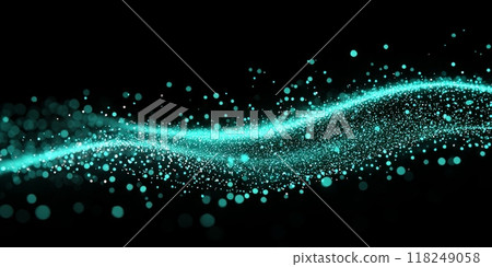 Turquoise particles cluster and flow in a mesmerizing wave, illuminating the darkness with a radiant glow. This captivating digital art evokes a sense of movement and tranquility. 118249058