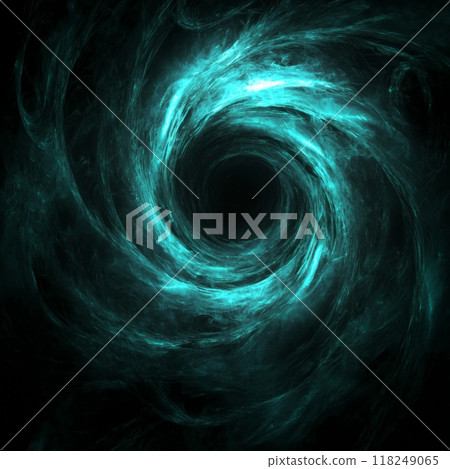 An enchanting display of turquoise particles swirls and morphs into a nebula-like formation, radiating a soft glow against the stark black backdrop, capturing the essence of the cosmos. 118249065