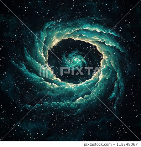 A mesmerizing swirl of turquoise particles dances in a cosmic formation, crafting an ethereal nebula effect that captivates the imagination and inspires wonder and exploration. 118249067