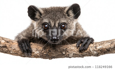 adorable cuscus clings to a tree branch, its captivating large eyes and thick fur making it a striking presence against a blank white backdrop. 118249166