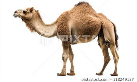 striking camel gracefully poses with its head turned, displaying its distinctive humps and elegant form. The contrast against the white background enhances its natural beauty. striking camel gracefully poses with its head turned, displaying its distinctive humps and elegant form. The contrast against the white background enhances its natural beauty. 118249187