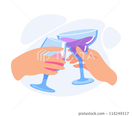 Glass with Cocktail Drink in Hands Clinking Together Vector Illustration Glass with Cocktail Drink in Hands Clinking Together Vector Illustration 118249317