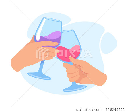 Glass with Cocktail Drink in Hands Clinking Together Vector Illustration Glass with Cocktail Drink in Hands Clinking Together Vector Illustration 118249321