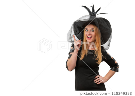 Surprised attractive woman in a black witch hat looks at the camera. Halloween costume, white background, space for text Surprised attractive woman in a black witch hat looks at the camera. Halloween costume, white background, space for text 118249358