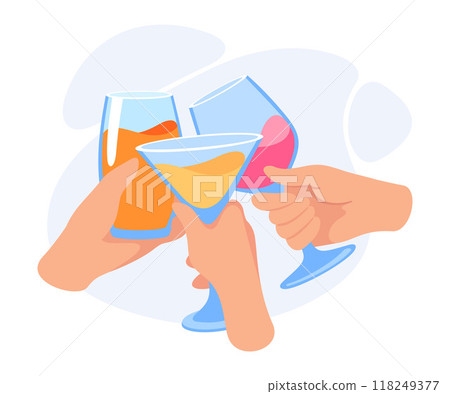 Glass with Cocktail Drink in Hands Clinking Together Vector Illustration Glass with Cocktail Drink in Hands Clinking Together Vector Illustration 118249377