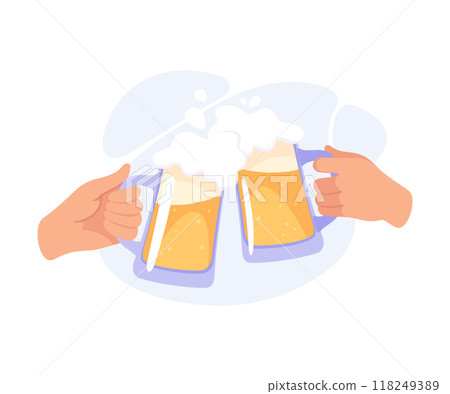 Glass with Beer Drink in Hands Clinking Together Vector Illustration Glass with Beer Drink in Hands Clinking Together Vector Illustration 118249389