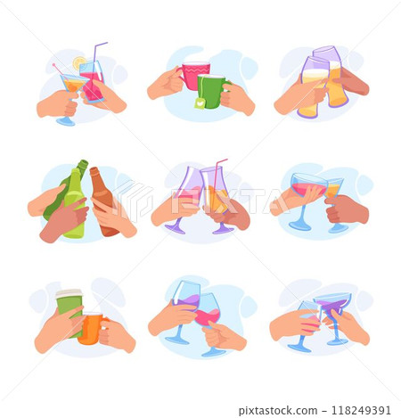 Glass with Drink in Hands Clinking Together Vector Set Glass with Drink in Hands Clinking Together Vector Set 118249391