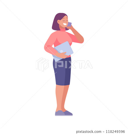 Woman Entrepreneur Character Standing with Laptop Speak Phone Vector Illustration 118249396
