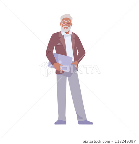 Senior Man Entrepreneur Character Standing with Laptop Vector Illustration Senior Man Entrepreneur Character Standing with Laptop Vector Illustration 118249397