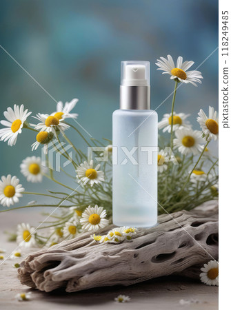 Mock up the collagen hydrating serum or any beauty product  in glass bottle from natural ingredients standing on driftwood surrounded flowers medicinal chamomile. 118249485