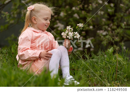 Blonde girl with two tails sits outside in the spring. Child in the blooming garden with flowers in her hands. Blonde girl with two tails sits outside in the spring. Child in the blooming garden with flowers in her hands. 118249508