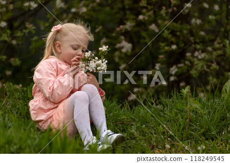 Sad little blonde girl in pink dress sitting on the grass and holds flowers. Preschooler outdoor. Greenely spring day 118249545