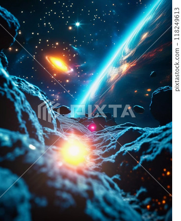 Universe cosmos space and time. Space objects planets stars glows comets nebulae satellites and meteorites. Gravitationally bound system of interstellar gas, dust and dark matter, galaxies. AI 118249613