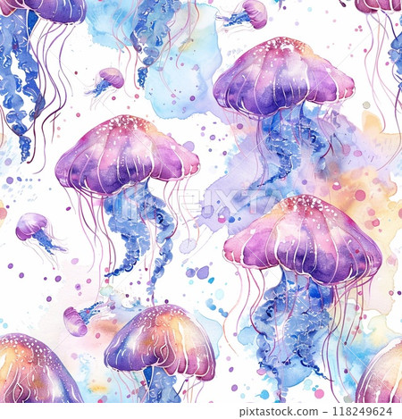 The artwork features a repeated pattern of jellyfish illustrated in watercolor, blending soft hues and fluid shapes that evoke a serene underwater ambiance 118249624