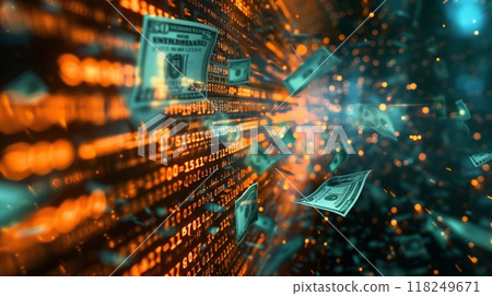 A lively exchange illustrating various currency notes intertwined with streams of digital data, depicting the concept of modern financial transactions in an engaging manner 118249671