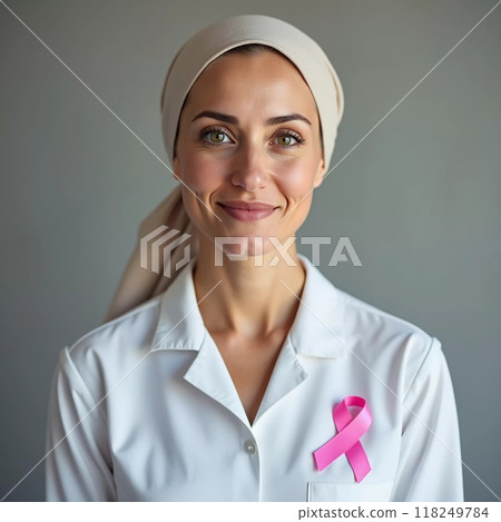 Woman with a headscarf wearing pink shirt adorned with ribbon symbolizing breast cancer awareness. Strength and resilience, support in the fight against breast cancer. Generative AI Woman with a headscarf wearing pink shirt adorned with ribbon symbolizing breast cancer awareness. Strength and resilience, support in the fight against breast cancer. Generative AI 118249784